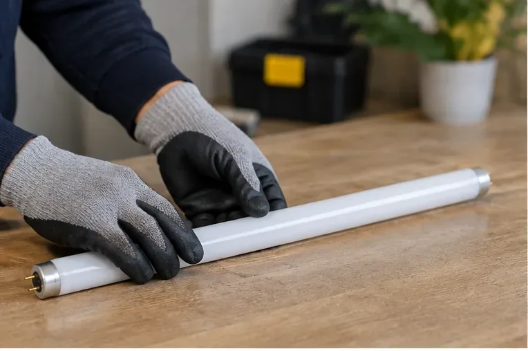 Un tubo fluorescente integro appoggiato su un banco mentre viene maneggiato con attenzione