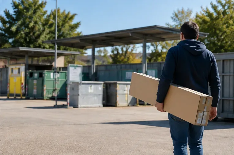 Una persona trasporta una scatola lunga verso un’area di raccolta differenziata con contenitori e tettoie