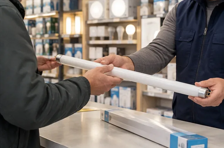 Un cliente consegna un tubo fluorescente integro a un addetto al banco di un negozio di illuminazione