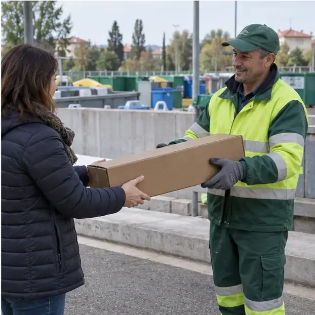 Cittadina che consegna una scatola chiusa a un operatore in un centro di raccolta