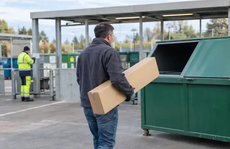 Cittadino che porta un contenitore di cartone in un Centro di raccolta comunale