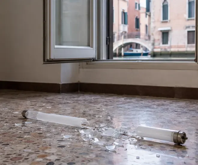 Tubo fluorescente rotto su un pavimento vicino a una finestra aperta