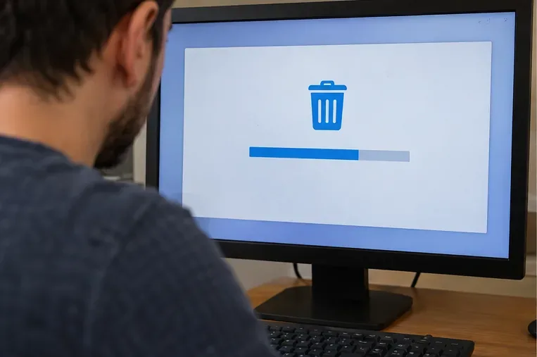 Schermo di un computer durante una procedura di cancellazione dei dati prima del riciclo