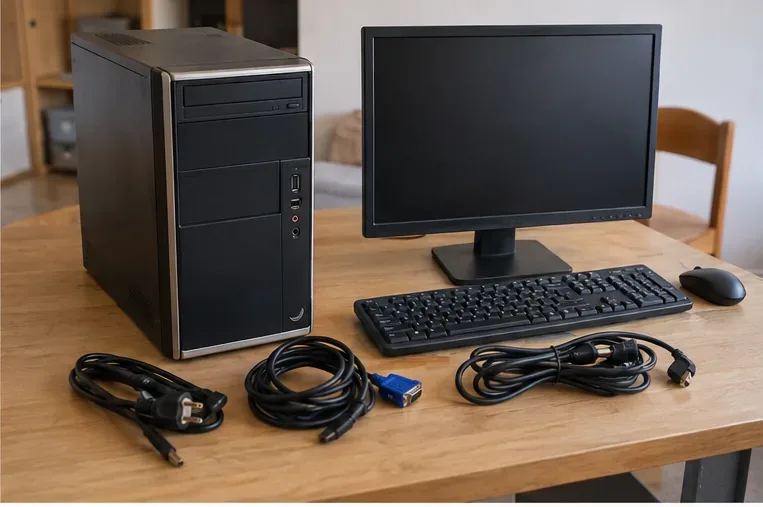 Computer desktop, monitor, tastiera, mouse e cavi separati e pronti per il conferimento