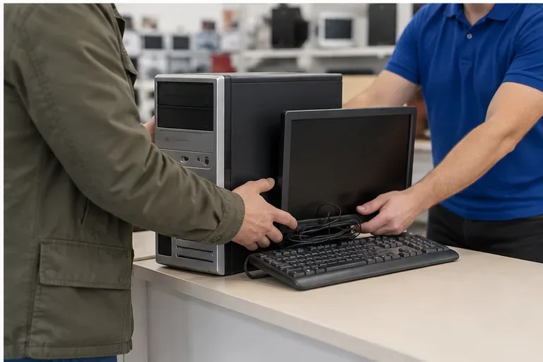 Cliente che consegna un vecchio computer desktop con monitor e tastiera al banco di un punto vendita