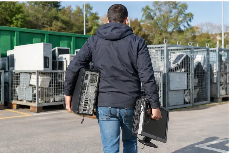 Persona che porta un computer desktop e un monitor verso un centro di raccolta per rifiuti elettronici