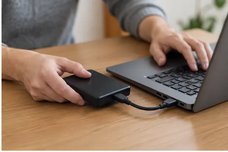 Disco esterno collegato a un computer portatile durante il backup dei dati