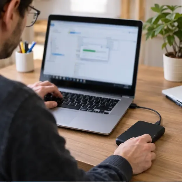 Persona che esegue il backup dei file da un computer portatile prima del conferimento come RAEE