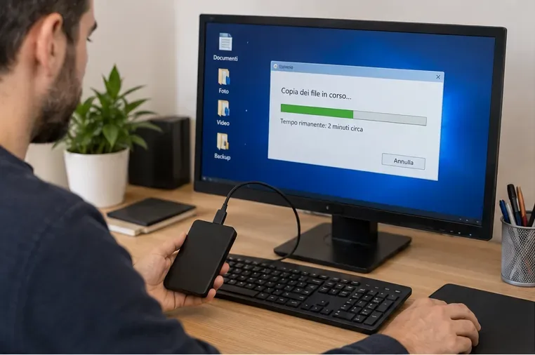 Persona che copia file da un computer desktop a un disco esterno