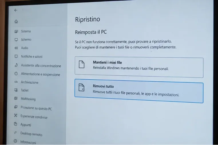 Schermata di ripristino del computer con l’opzione per rimuovere i file personali