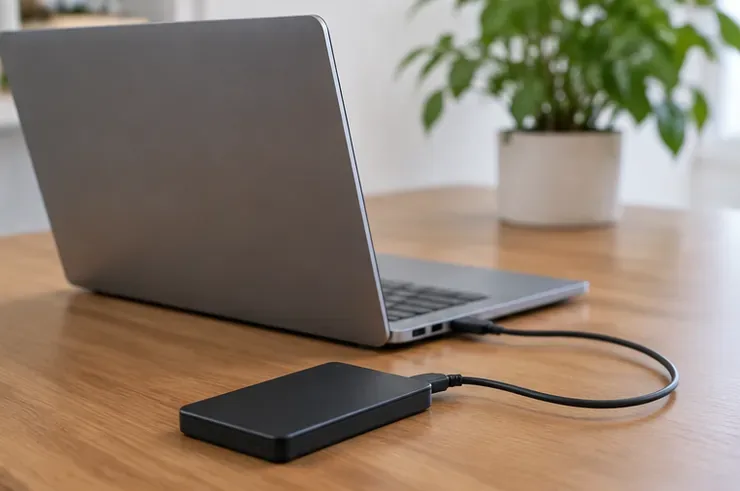Un disco esterno nero collegato tramite cavo USB a un notebook aperto, visto dal retro.