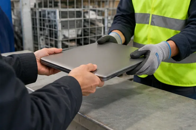 Una persona porge un notebook chiuso a un addetto con guanti e gilet ad alta visibilità davanti a una gabbia metallica.
