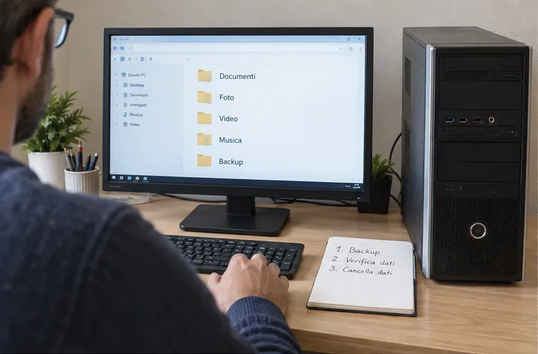 Una persona controlla cartelle e file su un vecchio computer desktop prima di prepararlo per il conferimento RAEE
