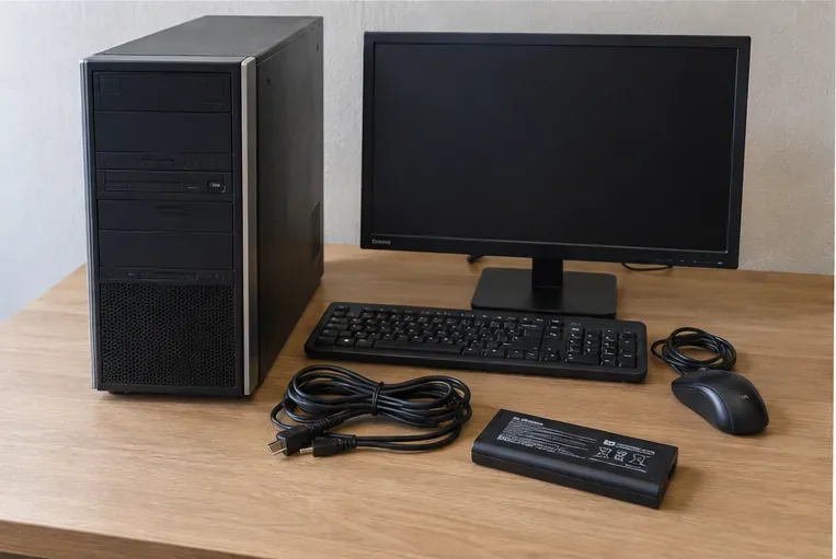 Computer desktop, monitor, tastiera, mouse, cavi e una batteria rimovibile preparati separatamente per il trasporto