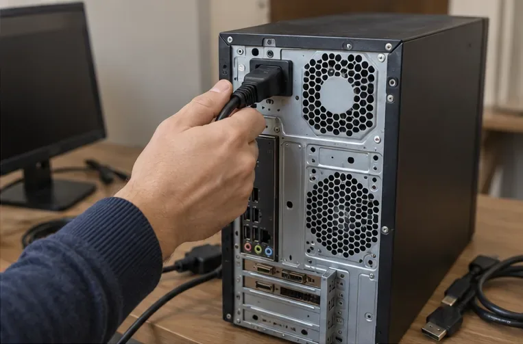 Una mano scollega il cavo di alimentazione dal retro di un computer desktop spento