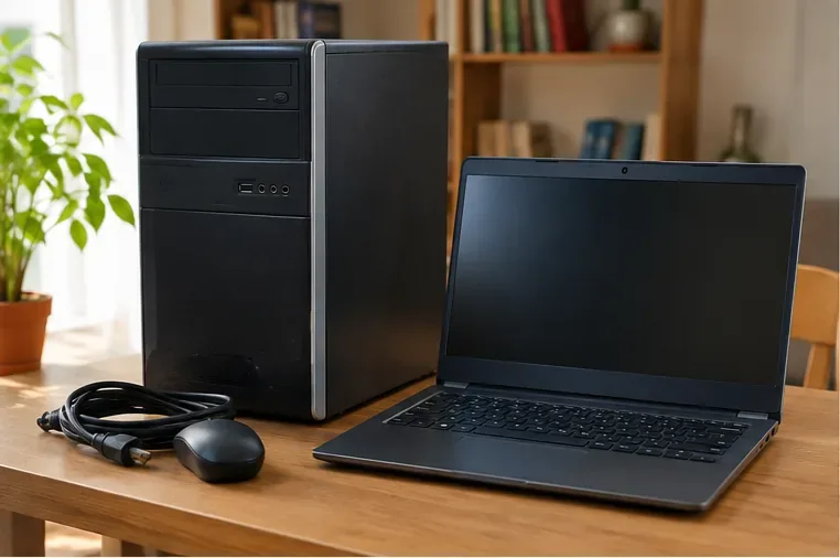Un computer desktop, un portatile, mouse e cavi appoggiati su un tavolo prima della preparazione allo smaltimento