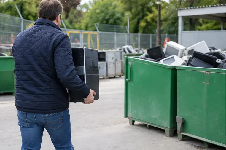 Una persona porta un computer desktop verso un'area attrezzata per la raccolta di apparecchiature elettroniche