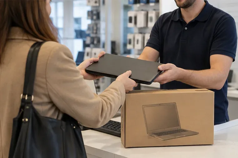 Una cliente consegna un vecchio portatile a un addetto in un negozio di elettronica durante l'acquisto di un nuovo computer