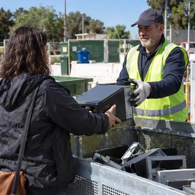 Operatore di un centro ecologico che riceve un computer desktop da una cittadina davanti al contenitore dei RAEE