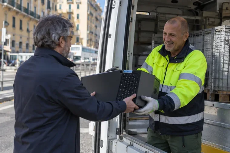 Operatore in abbigliamento ad alta visibilità che riceve un computer portatile da un residente accanto a un furgone di raccolta