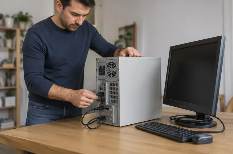 Persona che scollega i cavi da un vecchio computer desktop prima del conferimento come RAEE