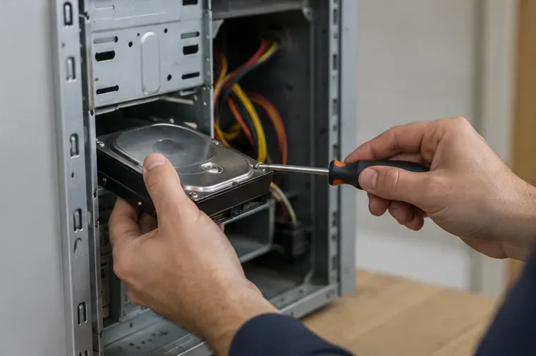 Mani che rimuovono un disco rigido da un computer desktop aperto