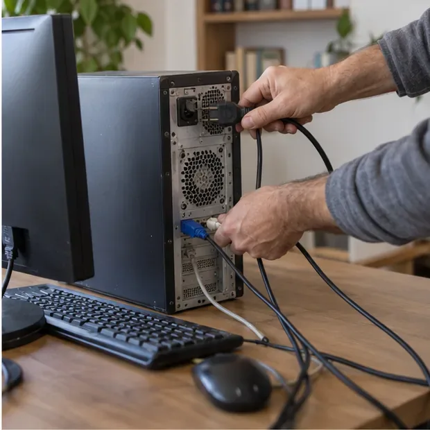 Mani scollegano i cavi di alimentazione e i collegamenti dal retro di un computer fisso.