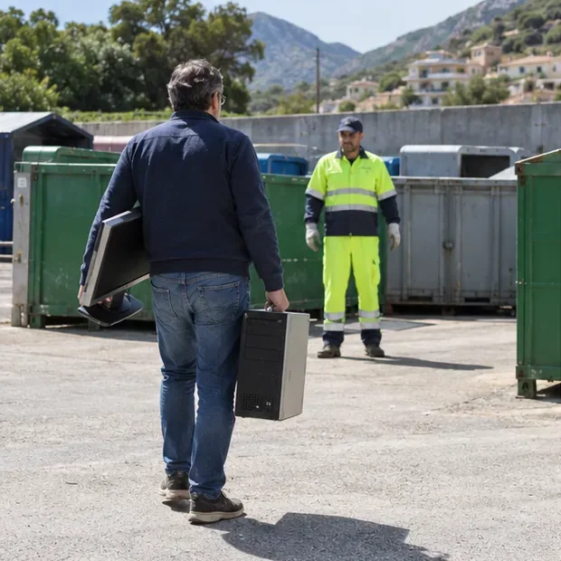 Una persona porta un monitor e un computer fisso verso un centro di raccolta, dove un operatore la attende.