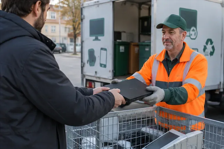 Consegna di un computer portatile a un addetto della raccolta di rifiuti elettronici