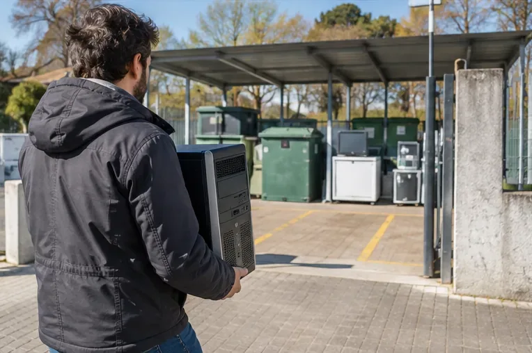 Una persona trasporta un computer desktop verso un centro di raccolta per rifiuti elettronici