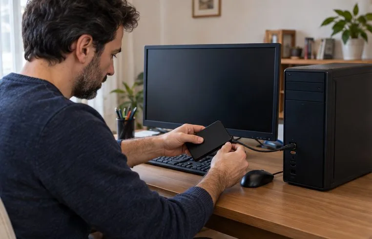 Una persona davanti a un computer desktop prepara un backup su un supporto esterno prima di dismetterlo
