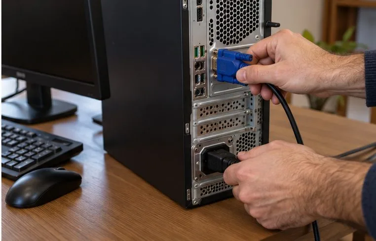 Mani scollegano i cavi esterni dal retro di un computer desktop chiuso, con tastiera e monitor a lato