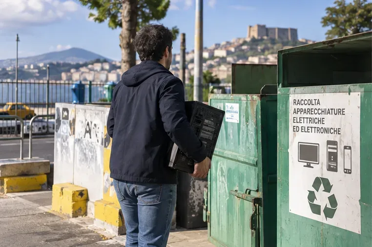 Cittadino che porta un computer integro a una postazione dedicata alla raccolta di apparecchiature elettriche ed elettroniche a Napoli