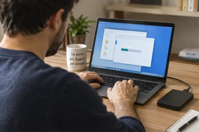 Persona che esegue il backup dei file da un portatile verso un disco esterno prima dello smaltimento