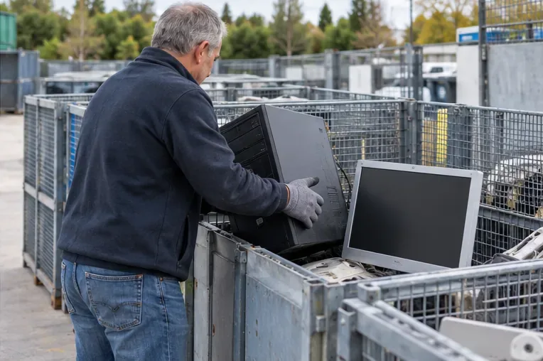 Un computer desktop e un monitor vengono collocati in un cassone metallico per rifiuti elettronici