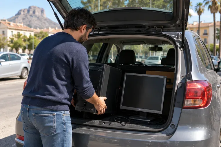 Una persona carica un computer e un monitor nel bagagliaio di un’automobile