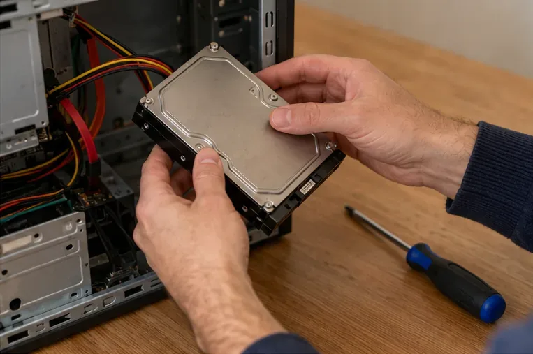 Mani che rimuovono un disco rigido da un computer desktop aperto