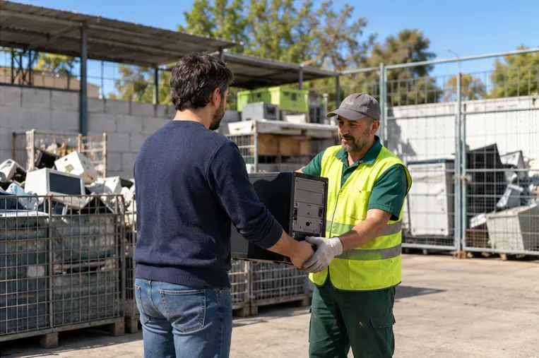 Un cittadino consegna un vecchio computer a un addetto in un centro di raccolta elettronica