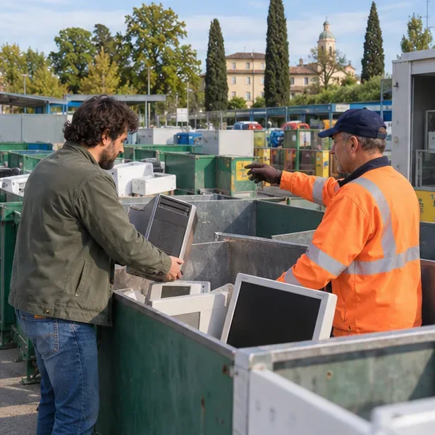 Un addetto indica a un cittadino dove conferire computer e monitor in un centro di raccolta RAEE