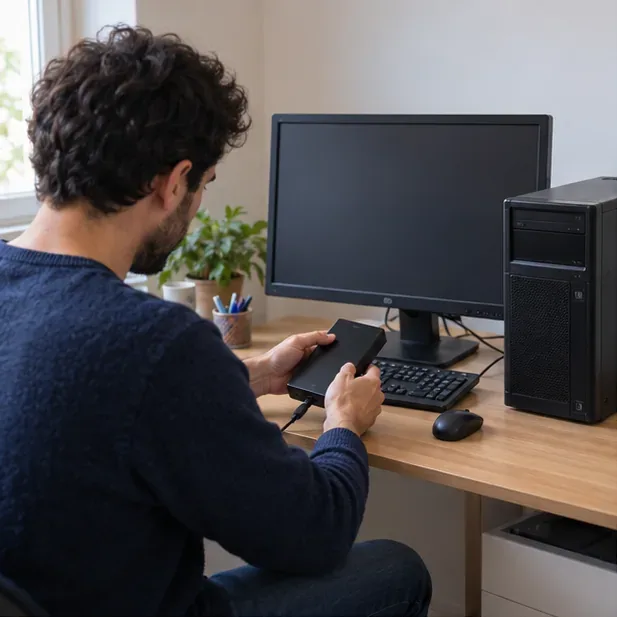 Una persona esegue il backup dei file di un computer fisso usando un supporto esterno