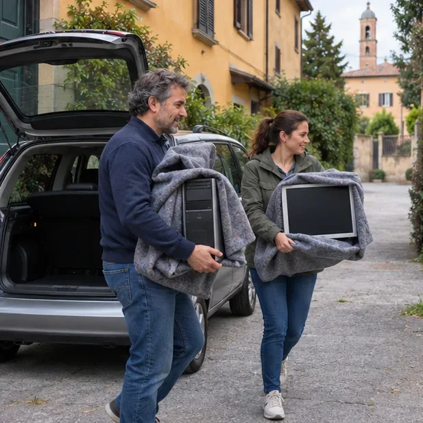 Due persone trasportano un computer fisso e un monitor protetti da coperte verso un’automobile