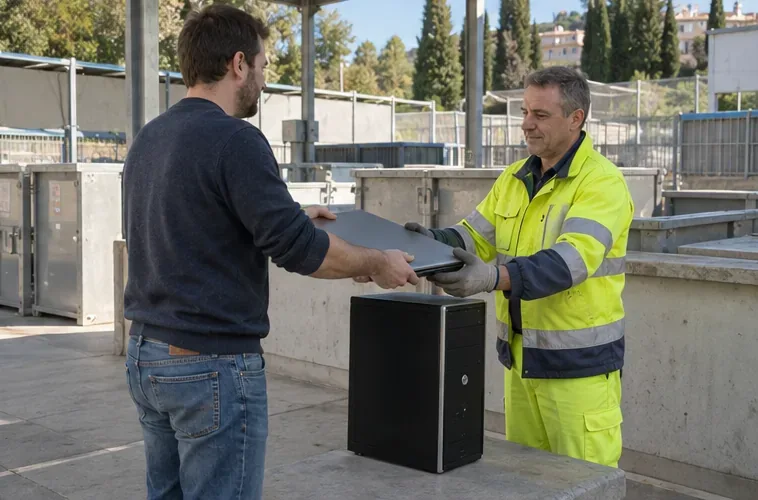 Cittadino che consegna un laptop a un operatore in una zona di raccolta comunale per apparecchi elettronici