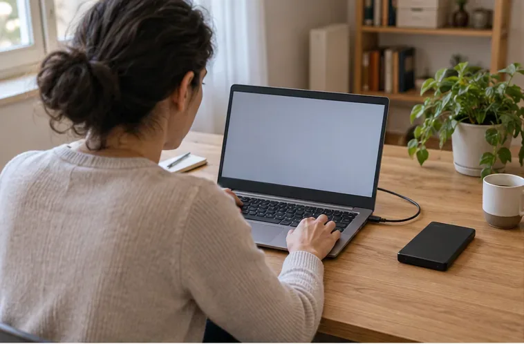 Persona che esegue il backup di un laptop collegato a un piccolo disco esterno su una scrivania