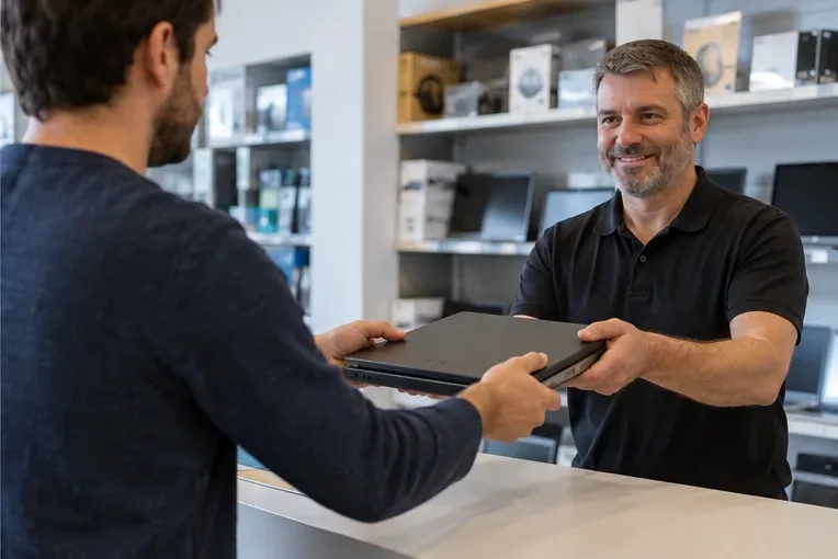 Cliente che consegna un vecchio computer portatile al banco di un negozio di elettronica
