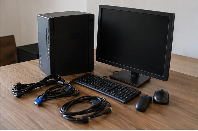 Computer desktop con monitor, tastiera, mouse e cavi ordinati sul tavolo prima del conferimento RAEE