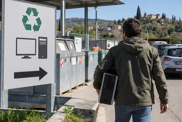 Persona che porta un computer desktop verso un'area di raccolta per rifiuti elettronici