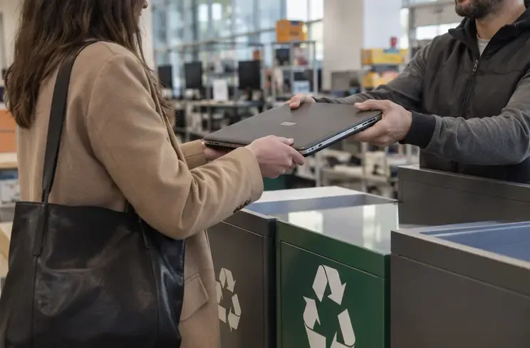 Una persona consegna un computer portatile usato a un banco di raccolta presso un negozio di elettronica