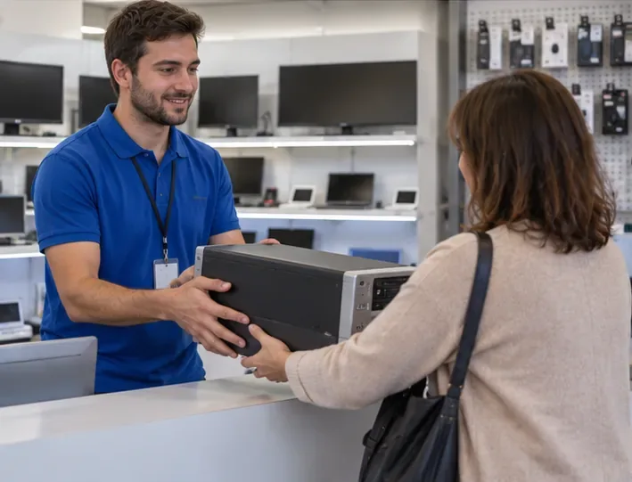 Cliente che consegna un vecchio computer desktop al personale di un negozio di elettronica