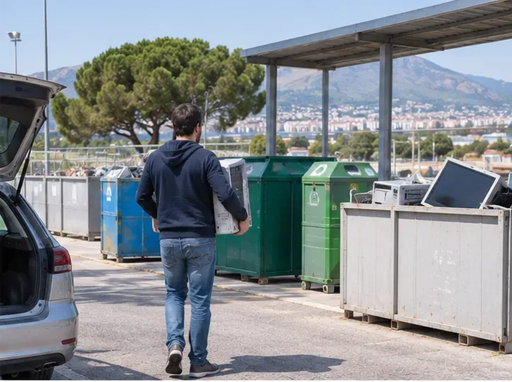 Cittadino che trasporta un vecchio computer verso un centro di raccolta con contenitori per rifiuti elettronici