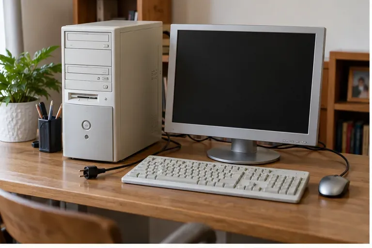 Computer desktop e monitor spenti e scollegati su una scrivania di casa.